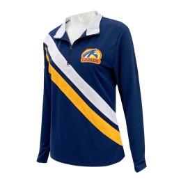 Design White Lapel Zip Polo Shirt Slim Waist Women's Half Chest Zip Print Logo Contrasting Yellow and White Stripes   P1349 Design White Lapel Zip Polo Shirt Slim Waist Women's Half Chest Zip Print Logo Contrasting Yellow and White Stripes   P1349